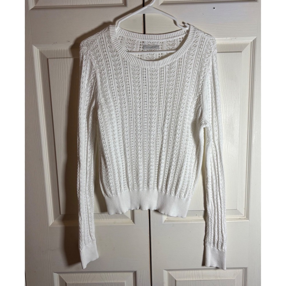 Outerknown Womens White Pointelle Knit Long Sleeve Crew Neck Sweater Top